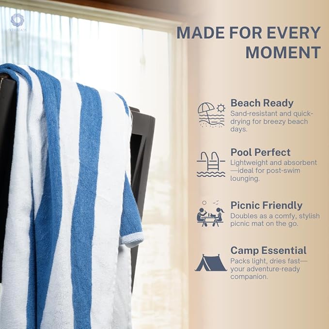 Cotton Turkish Beach Towel with Towels Oversized 30"x60" Pool Absorbent Extra Large Quick Dry Sand Travel Towel (Cabana Fountain Blue, 4 Pack)