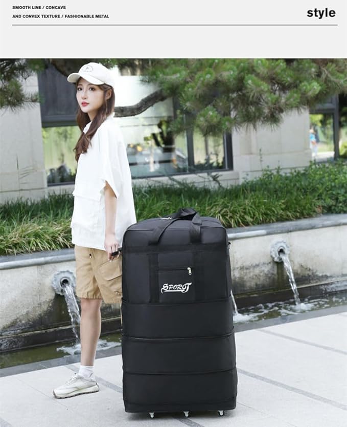 Expandable Extra Large Travel Oxford Duffel Bag with Wheels Waterproof Lightweight Traveling Foldable Suitcase (Black, L - 6 wheels)