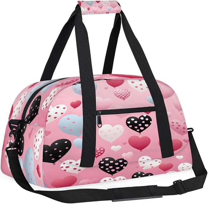 Pink Heart Balloon Print Sports Duffel Bags, Water-Resistant Gym Duffle Bag for Men Women, Lightweight Weekender Overnight Bag for Fitness, Workout, Travel
