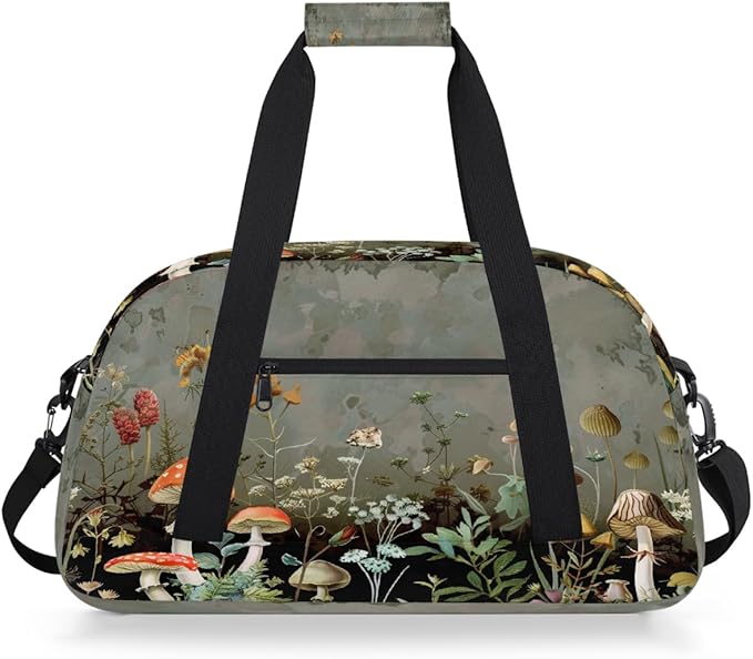 Vintage Mushroom Flowers Sports Duffel Bags, Water-Resistant Gym Duffle Bag for Men Women, Lightweight Weekender Overnight Bag for Fitness, Workout, Travel