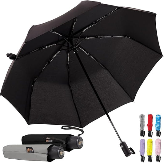 GORILLA GRIP Strong Windproof Stick Compact Umbrella for Rain, 2 PK, One-Click Automatic Open Close, Durable Quick Dry Waterproof Material, Lightweight, Portable, Travel Size Fits Backpack, Black Gray