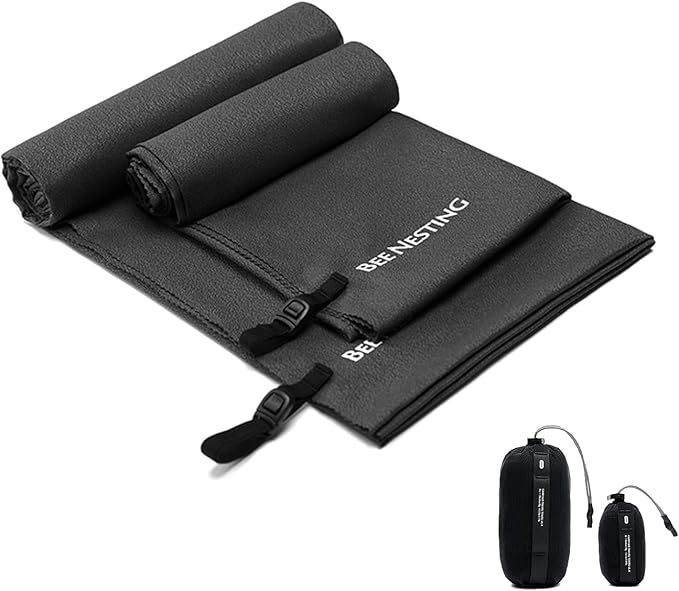 Bee Nesting Ultralight Quick Dry Towel - Medium&Small 2 Pack Microfiber Towels with Compact Packable Pocket for Lightweight Backpacking Travel, Beach, Gym, Camping & Hiking(Black, M&S 2 Set)