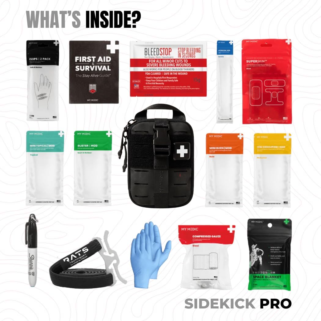 My Medic Sidekick Pro - Camping Hiking and Backpacking First Aid Kit - 70 Items with Tourniquet - HSA and FSA Eligible - Small Ifak Great for Travel or Motorcycle - Portable Emergency Kit – Black