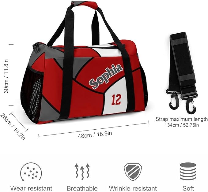 Custom Volleyball Red Duffel Bag with Name Personalized Travel Bags Sport Gym Bag Carry On Weekender Bags for Men Women