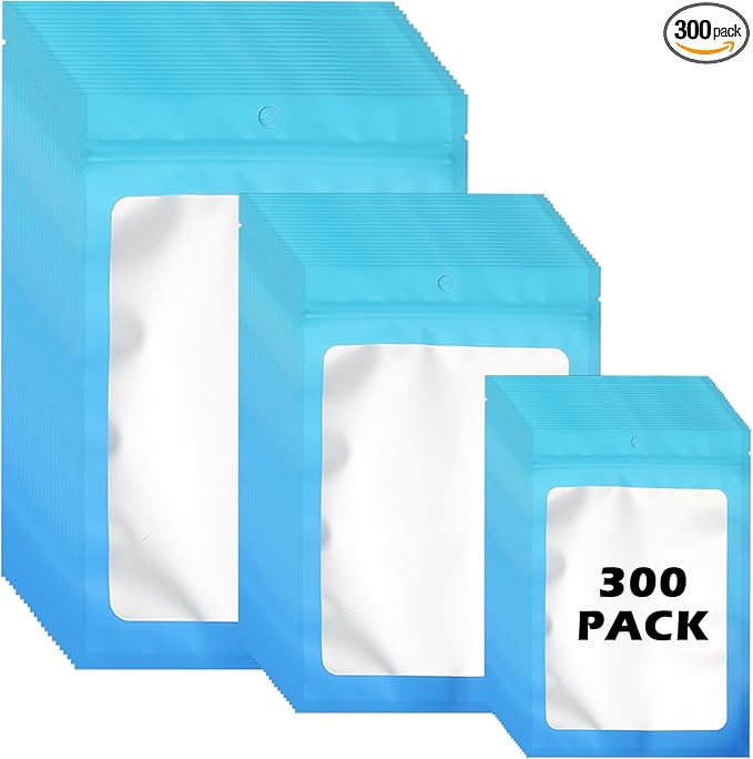 300 Pcs Gradient Mylar Bags, 3 Size Smell Proof Bags with Clear Window Foil Pouch Bags Resealable Bags for Small Business and Food Storage, Blue Blue