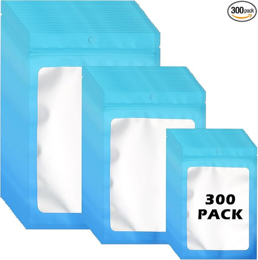 300 Pcs Gradient Mylar Bags, 3 Size Smell Proof Bags with Clear Window Foil Pouch Bags Resealable Bags for Small Business and Food Storage, Blue Blue