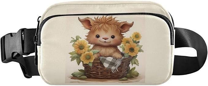 Kawaii Highland Cow Sunflowers Basket Fanny Pack for Women Men Water Resistant Fashion Waist Packs with Adjustable Strap Belt Bag for Travel Workout Jogging Hiking 21218102