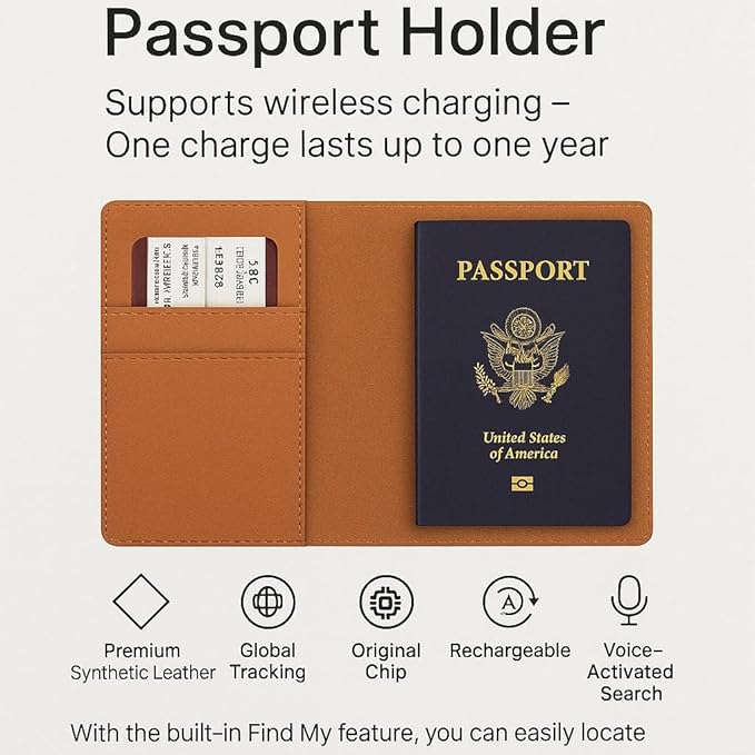 Smart Passport Holder with Built-in Wireless Tracker – MFi Certified – Compatible with Apple Find My – Travel Wallet with Card Slots, Boarding Pass Pocket & SIM Storage – PU Leather (Black)