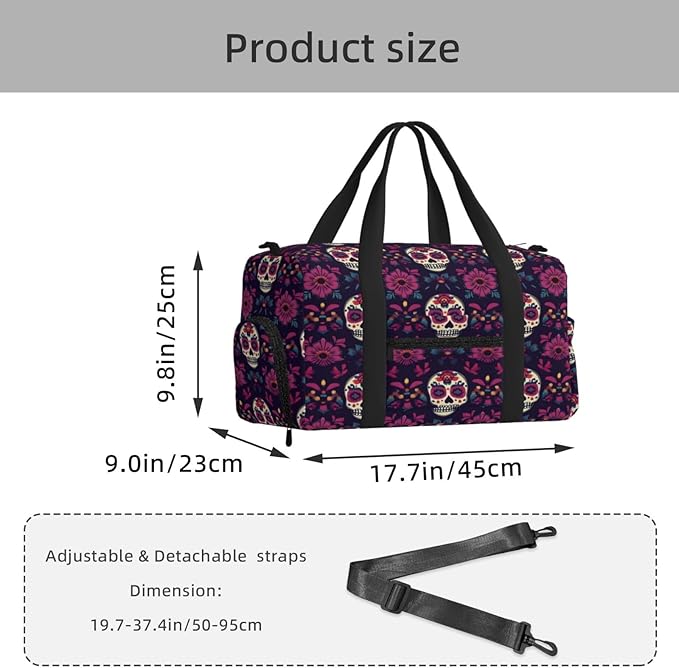 Sports Gym Bag Mexican Sugar Skulls Ethnic Flower Travel Duffel Bag With Shoe Compartment Shoulder Strap, Lightweight Water-Resistant Weekend Overnight Totes For Women Men