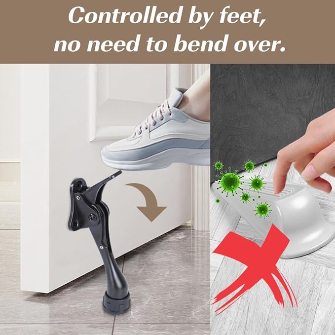 Kickdown Door Stopper 4Inches - One Packs One Touch Adjustable Height Door Stop for The Bottom of Door The Bottom of Door Aluminum Alloy Metal Door Stopper with Rubber Tip Black