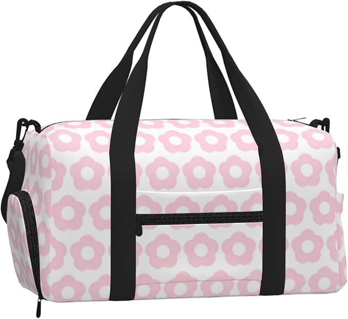 Cute Pink Floral Pattern Retro Women'S Gym Duffle Bag With Shoes Compartment, Ideal For Travel, Gym, Sports, Duffel, Weekender