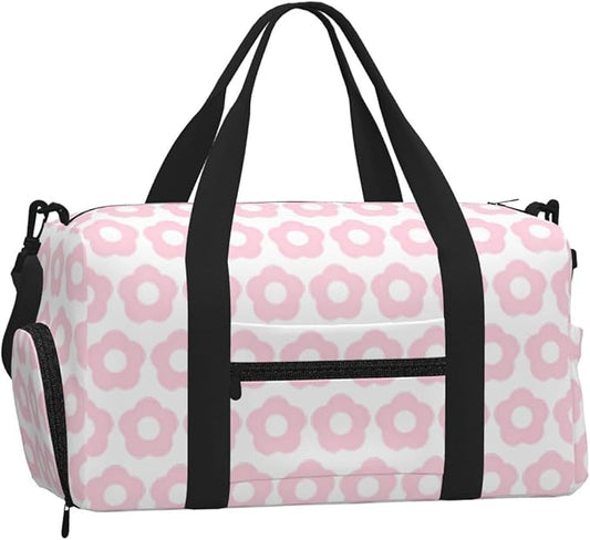 Cute Pink Floral Pattern Retro Women'S Gym Duffle Bag With Shoes Compartment, Ideal For Travel, Gym, Sports, Duffel, Weekender