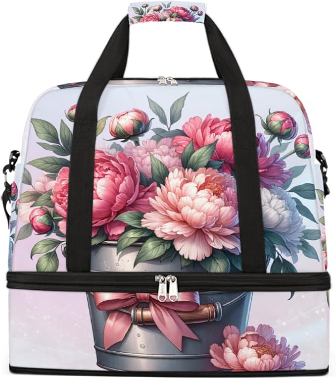 Pink Flowers Floral Large Weekender Bag with Shoe Compartment Travel Duffel Bags for Women Carry On Hospital Overnight Bag Foldable Personal Item Travel Bags Tote Gym Sports Airplanes