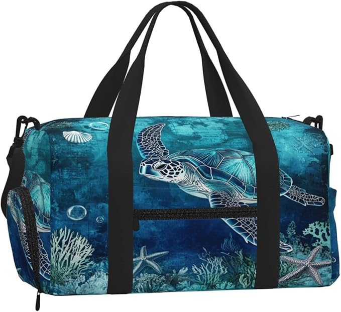 Sports Gym Bag Turquoise Ocean Turtle Travel Duffel Bag With Shoe Compartment Shoulder Strap, Lightweight Water-Resistant Weekend Overnight Totes For Women Men
