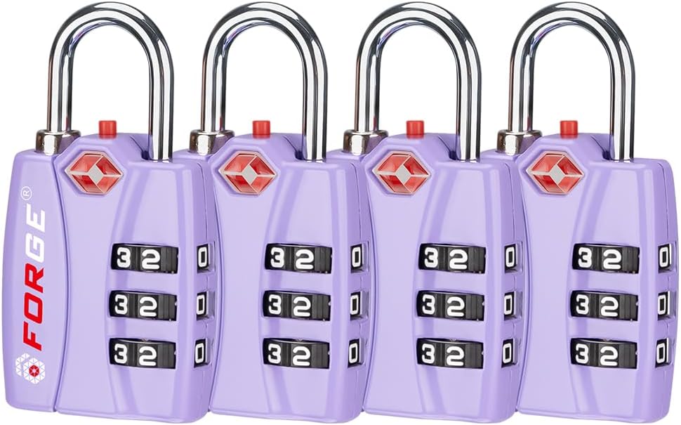 Forge Luggage Locks TSA Approved 4 Pack Purple, Small Combination Lock with Zinc Alloy Body, Open Alert, Easy Read Dials, for Travel Suitcase, Bag, Backpack, Lockers.