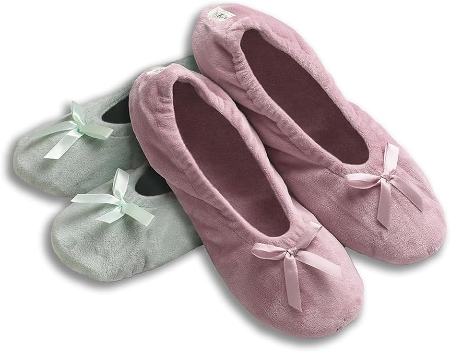 Roxoni Women's Terry Classic Cotton & Velour Ballerina Slippers (Pack of 2)