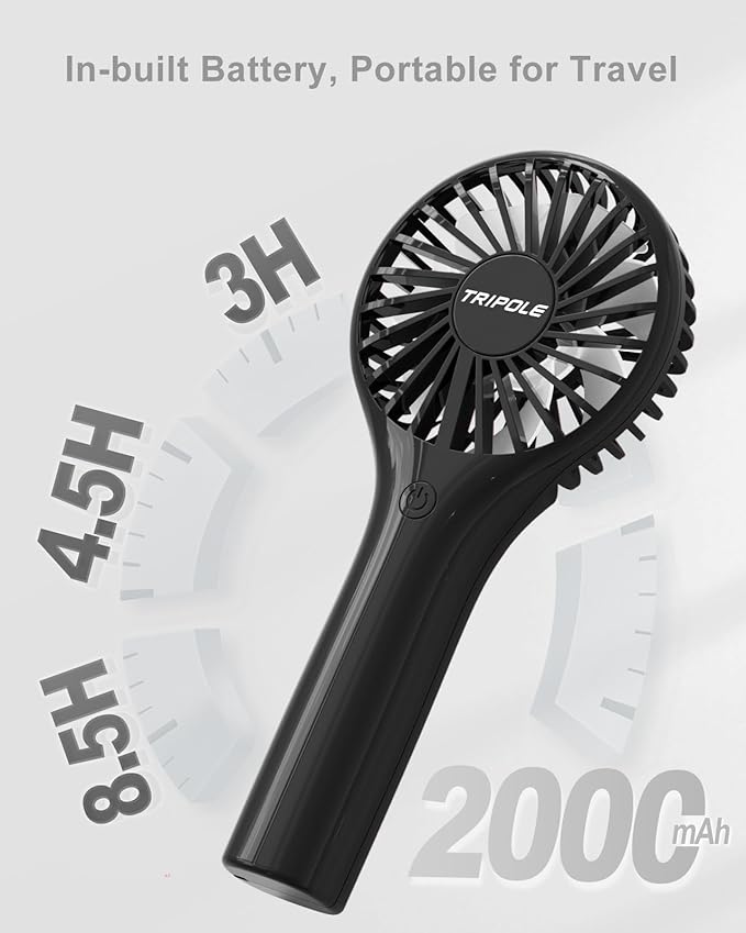 TriPole Portable Handheld Fan Mini Personal Fan with 3 Speeds, Powerful Little Battery Hand Held Fan for Travel Outdoor Concerts, Cute Small Rechargeable Lash Fan for Makeup Skincare Drying, Black