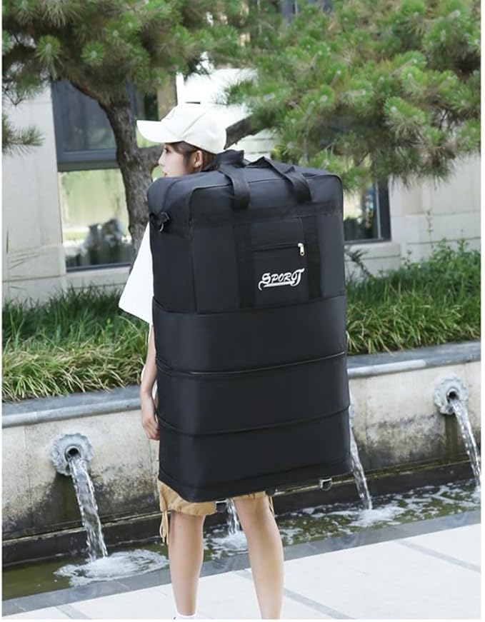 Expandable Extra Large Travel Oxford Duffel Bag with Wheels Waterproof Lightweight Traveling Foldable Suitcase (Black, L - 6 wheels)