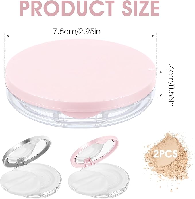 2 Pcs Loose Powder Container with Puff Refillable Plastic Empty Travel Compact with Mirror Portable Empty Makeup Powder Container Loose Compact Case (Pink Silver)