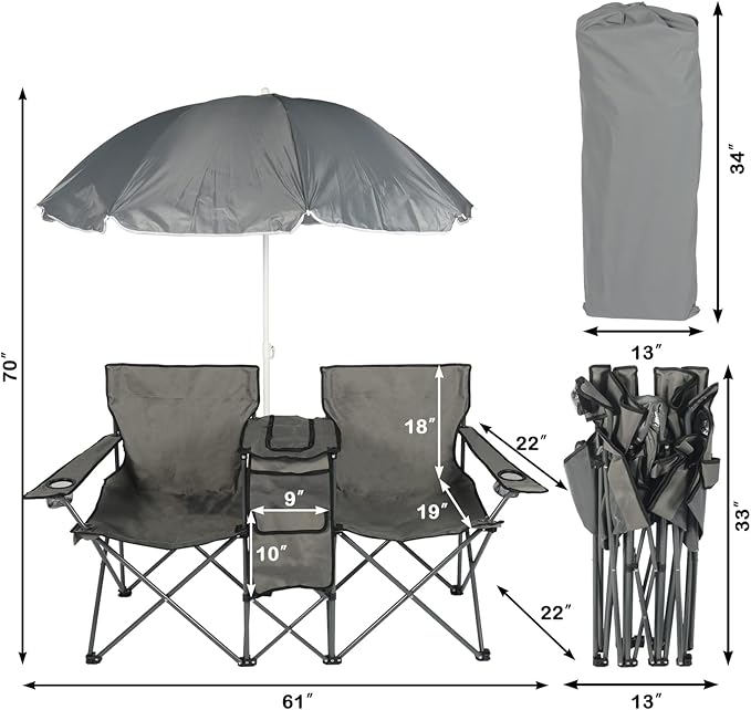 LAZZO Double Folding Camping Chairs, Portable Picnic Camping Chairs w/Umbrella Mini Beverage Holder Carrying Cooler Bag, Outdoor Picnic Double Folding loveseat Camp Chairs for Beach Patio Pool Park