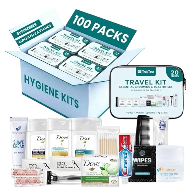 TrekTote 20 Piece Hygiene Kit Bulk, Travel Size Toiletries Set, Homeless Care Package Supplies, Mini Deodorant Shampoo Body Wash Toothbrush Toothpaste Razor Kit, TSA Approved, Clear Bag