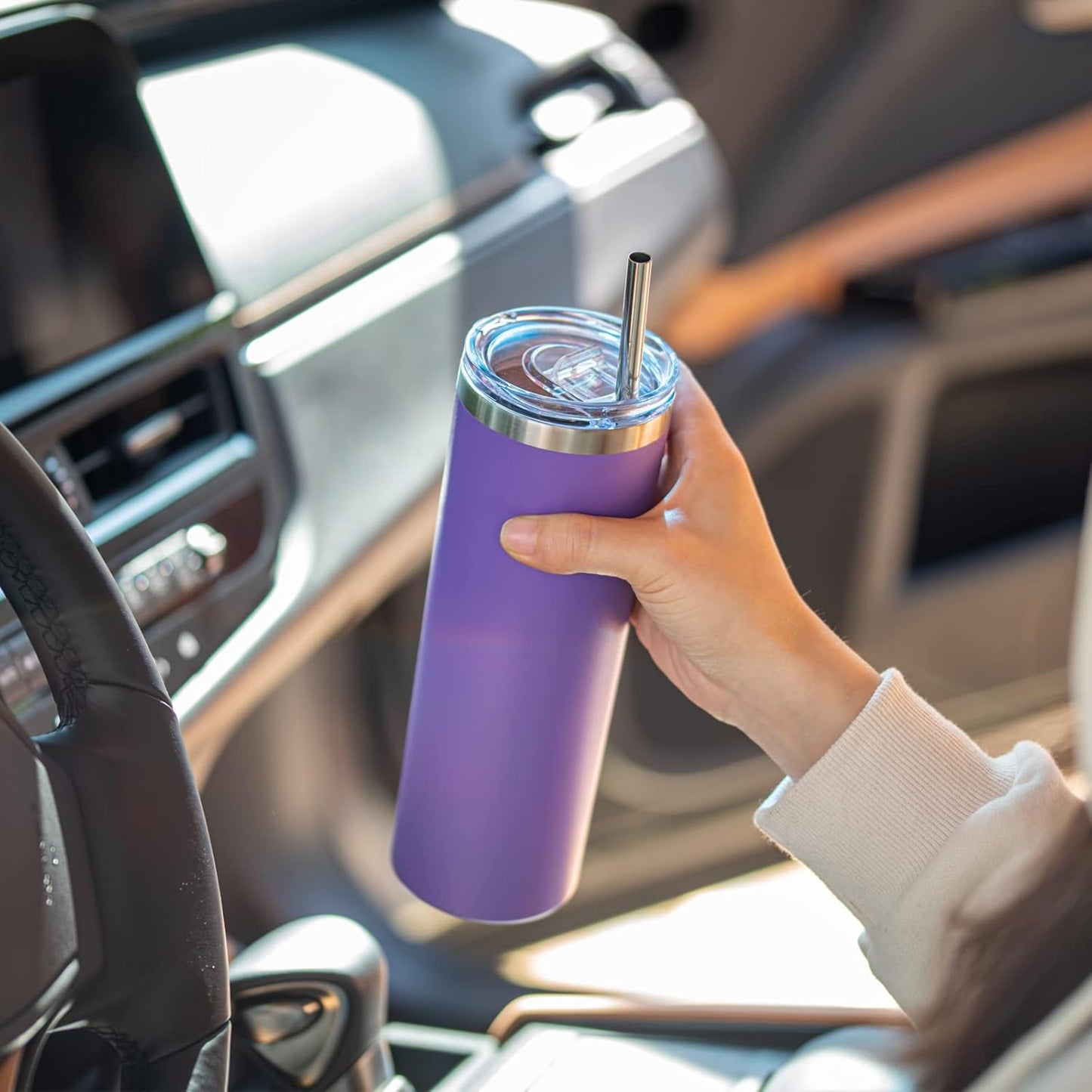 koodee 20 oz Skinny Tumbler (2 Pack) Stainless Steel Double Wall Insulated Water Tumbler Cup with Straw, Slim Travel or Women Diy Birthday Gift (Purple-Pink)