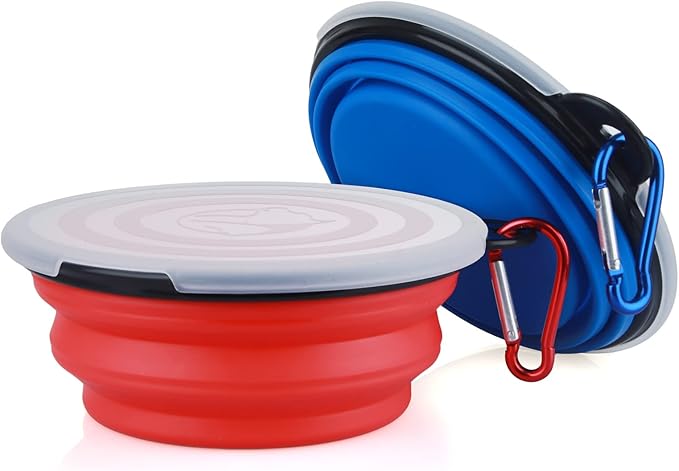 Collapsible Dog Bowl,2 Pack Portable and Foldable Pet Travel Bowls Collapsable Dog Water Feeding Bowls Dish for Dogs Cats and Small Animals,with Lids (Small, Blue+Red)