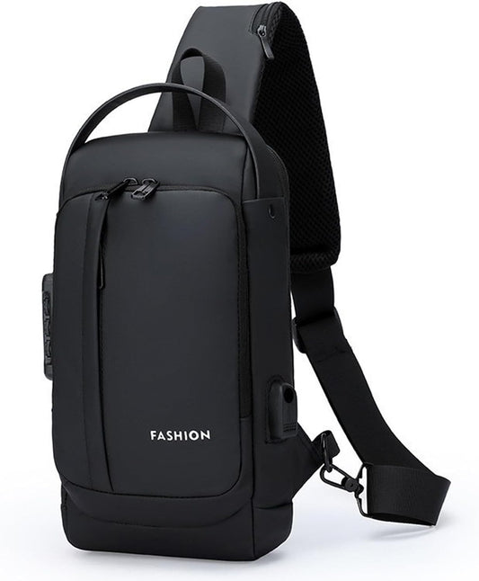 Sling Bag for Men Anti-theft USB Crossbody Shoulder Backpack Purse Waterproof PU Leather Chest Bag Travel Daily Use
