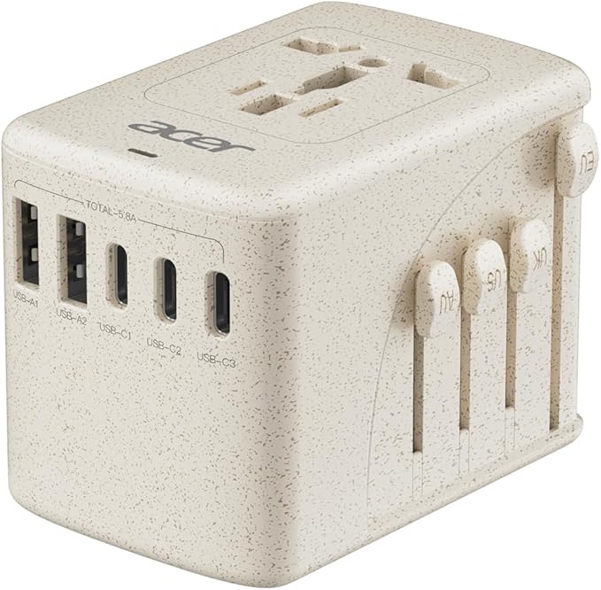 Acer Universal Travel Plug Adapter - International Power Adapter with 5 USB Ports (3 USB C) 5.8A, Worldwide Outlet Charger for USA to European UK France Germany Spain, Type C/E/F/G/I/L/A,Beige