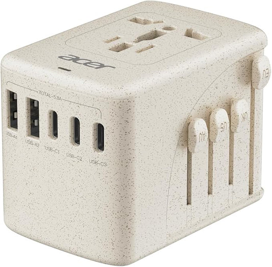 Acer Universal Travel Plug Adapter - International Power Adapter with 5 USB Ports (3 USB C) 5.8A, Worldwide Outlet Charger for USA to European UK France Germany Spain, Type C/E/F/G/I/L/A,Beige