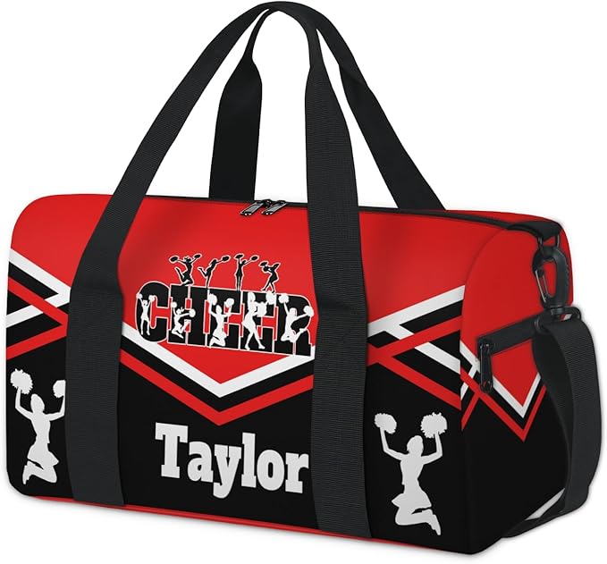 Custom Name Sports CHEER Bag for Teens, Personalized Gym Travel Weekender Tote Carry-On Bag, Red with Black Cheerleader Team