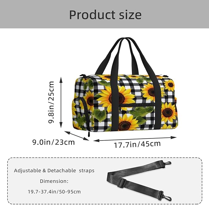 Sports Gym Bag Sunflowers Gingham Travel Duffel Bag With Shoe Compartment Shoulder Strap, Lightweight Water-Resistant Weekend Overnight Totes For Women Men