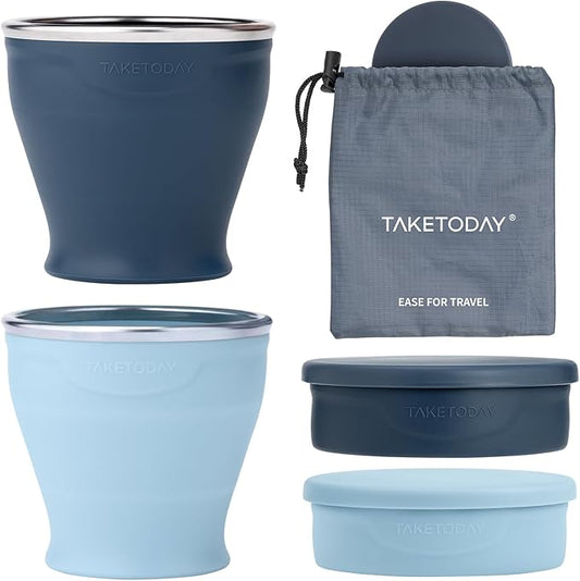 TakeToday 2PCS Collapsible Travel Cup 8 oz - Silicone Foldable Water Cup, BPA-Free with Lid & Waterproof Bag - Drinking Cup Set for Camping, Outdoors & International Travel（Navy & Blue）