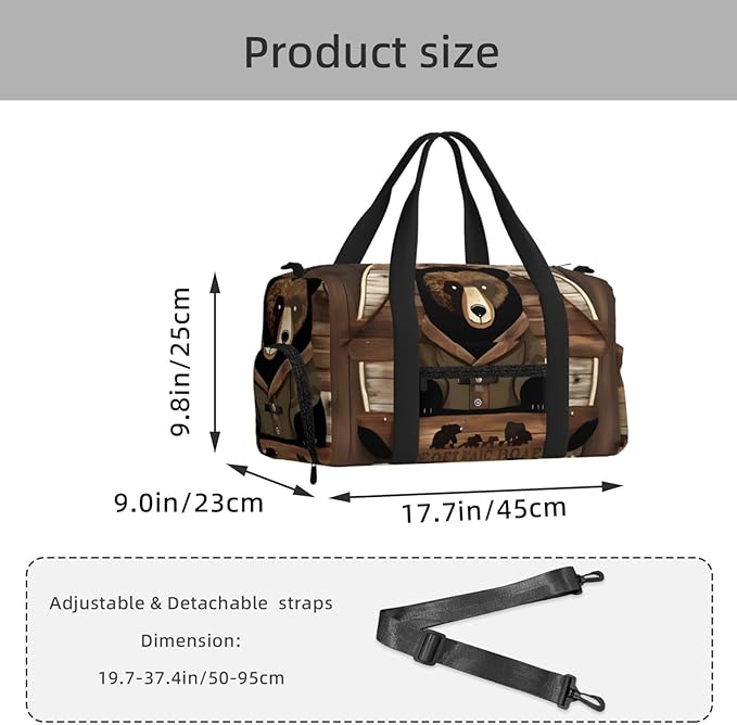 Rustic Lodge Bear Print Gym Bag with Shoe Compartment for Women Men, 17.7in Sports Duffle Weekender Tote, Overnight Travel Duffel Bag Carry On
