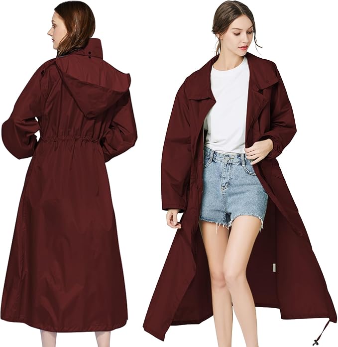 LAMA Womens Long Raincoats Rain Jacket Waterproof Packable Hooded Windbreaker Lightweight Adjustable Waist for Outdoor