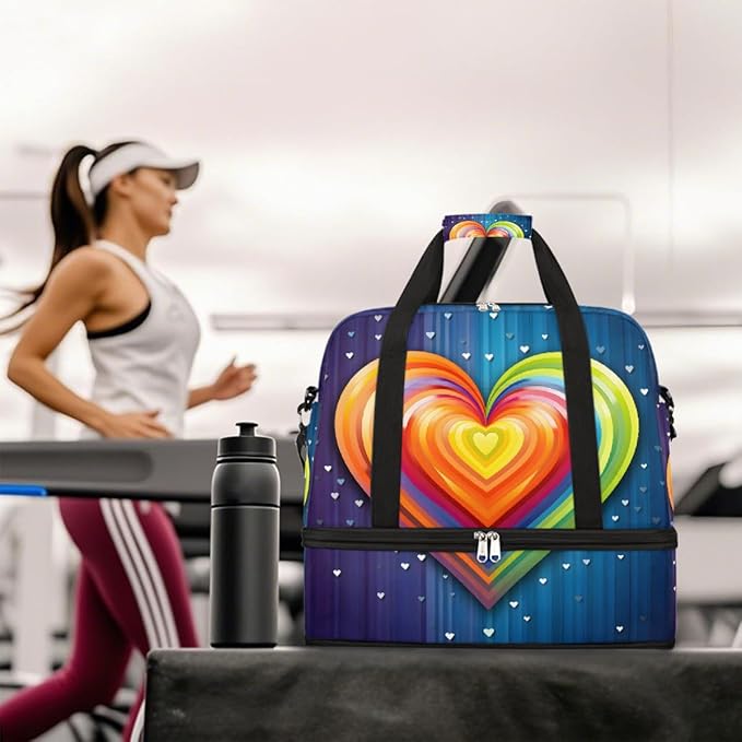 Rainbow Blue Abstract Heart Large Weekender Bag with Shoe Compartment Travel Duffel Bags for Women Carry On Hospital Overnight Bag Foldable Personal Item Travel Bags Tote Gym Sports Airplanes