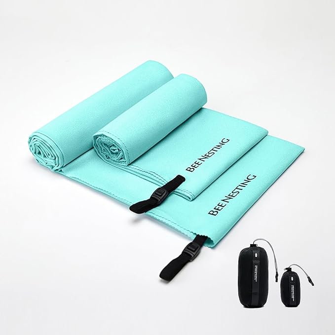 Bee Nesting Ultralight Quick Dry Towel - Medium&Small 2 Pack Microfiber Towels with Compact Packable Pocket for Lightweight Backpacking Travel, Beach, Gym, Camping & Hiking(Mint Green, M&S 2 Set)