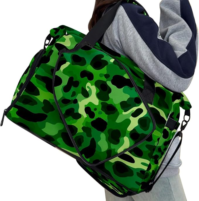 Cool Leopard Green Gym Bag for Women & Tennis Bag, Large Sports Duffel Bag Waterproof with Ventilated Shoe Compartment & Front Racket Sleeve, Lightweight Travel Weekender Overnight Bag