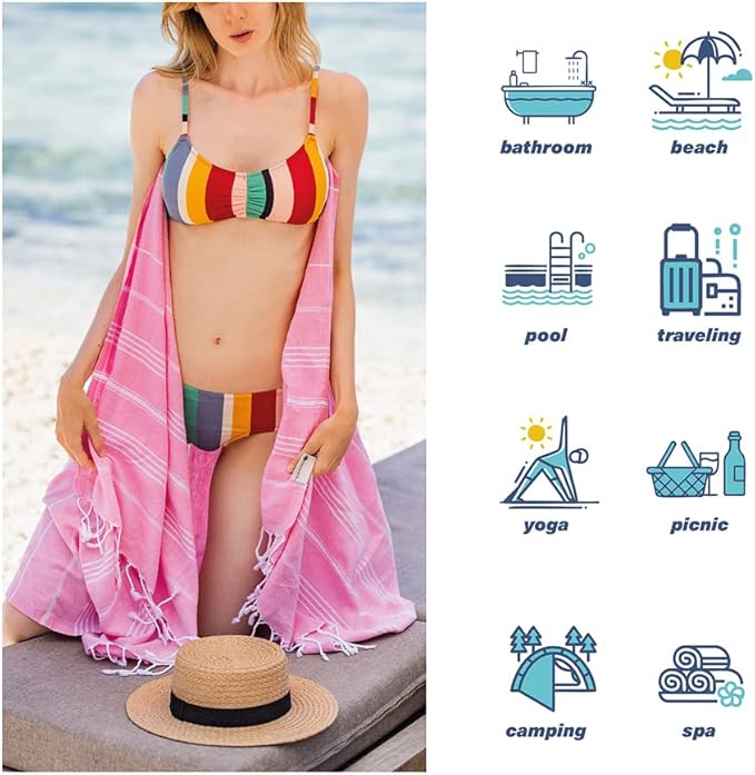 Hencely Turkish Beach Towel 37x68 Oversized, Sand-Free, Quick-Dry, Lightweight - Travel Essential for Pool & Bath - Striped 100% Cotton Bathroom Towels Accessories Gift (Pink)