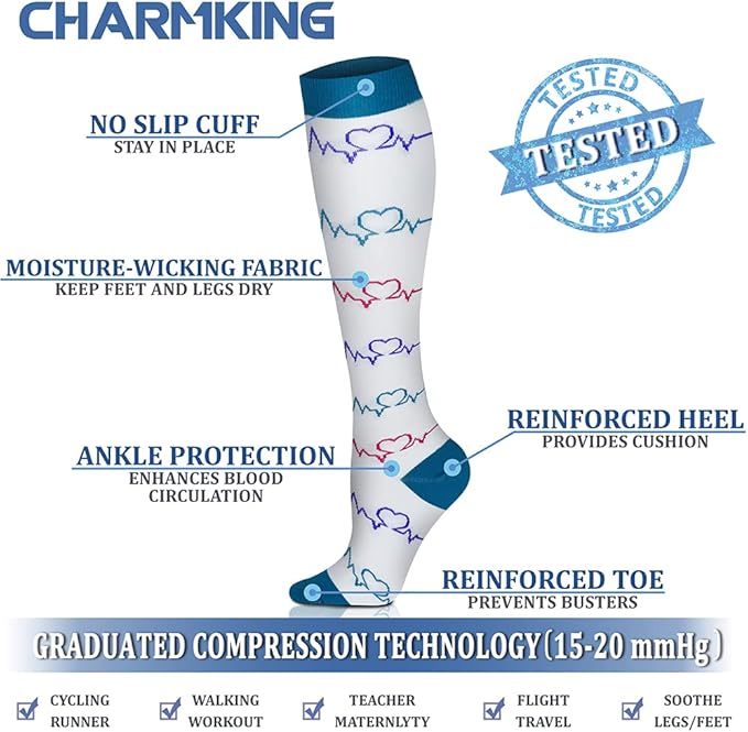 CHARMKING 6 Pairs-Compression Socks for Women & Men Circulation Best Support for Nurses, Running, Athletic,Flight Travel