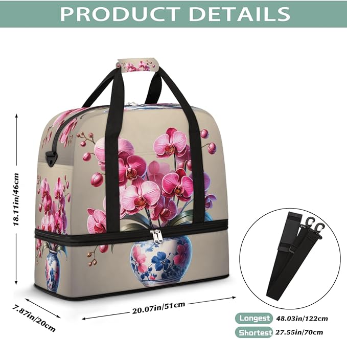 Pink Flowers Large Weekender Bag with Shoe Compartment Travel Duffel Bags for Women Carry On Hospital Overnight Bag Foldable Personal Item Travel Bags Tote Gym Sports Airplanes