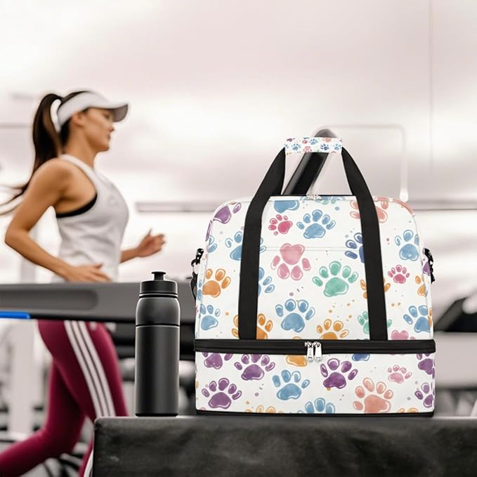 Foldable Travel Duffel Bag for Women - Carry on Personal Item Bag with Shoes Compartment, Weekender Overnight Duffle Bags Sport Tote Gym Luggage for Airplanes Traveling(Dog Paws)