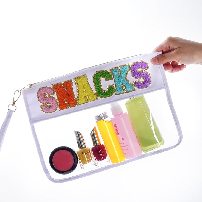 Chenille Letter Bag, Multi-purpose Nylon Clear Makeup Cosmetic Bags Flat Pouches with Zipper for Travel, Gym, Beach (White-Snacks)