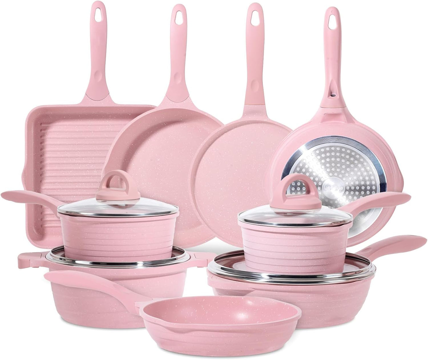 JEETEE Pink Pots and Pans Set Nonstick 23pcs, Healthy Kitchen Cookware Sets, Induction Cooking Set Pink Frying Pans, Saucepans, Sauté & Griddle & Crepe Pan (PFOA Free)