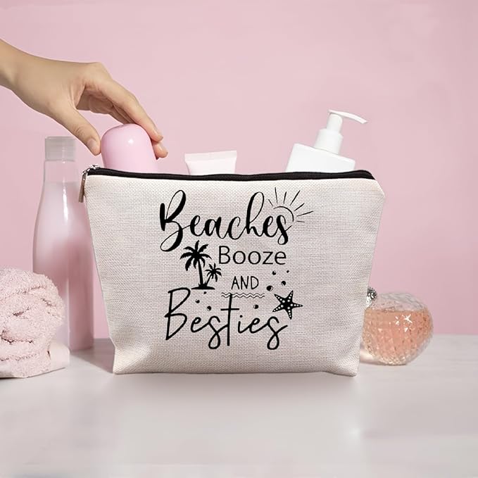 Girls Trip Gifts, Girls Weekend Bestie BFF Friendship Gifts for Women Friends, Beaches Booze and Besties Canvas Makeup Bag Cos