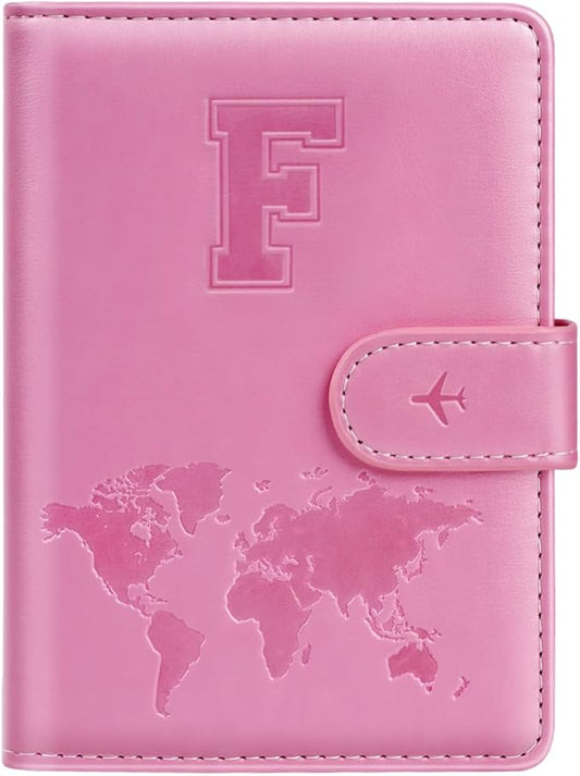 Passport Holder Cover Initail Letter A-Z Travel Wallet Embossed Design RFID Blocking Card Holder Personalized Gift Passport Cover Wallet, Passport Book Holders for Women and Girls, Pink-F