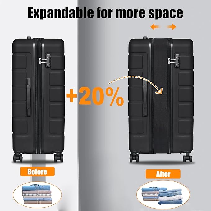 3-Piece Hardshell Luggage Set, Lightweight Expandable Suitcase with TSA Lock and Double Spinner Wheels, 20% Expansion for Extra Packing, Carry-On and Checked Bags, Black