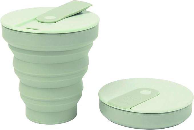 HuNu Collapsible Coffee Cup with Lid - Reusable & Microwave Safe Silicone Collapsible Cup, Foldable Cup, Portable Coffee Travel Mug/Camping Cup (12OZ, Sage Green)*Straw Sold Separately*
