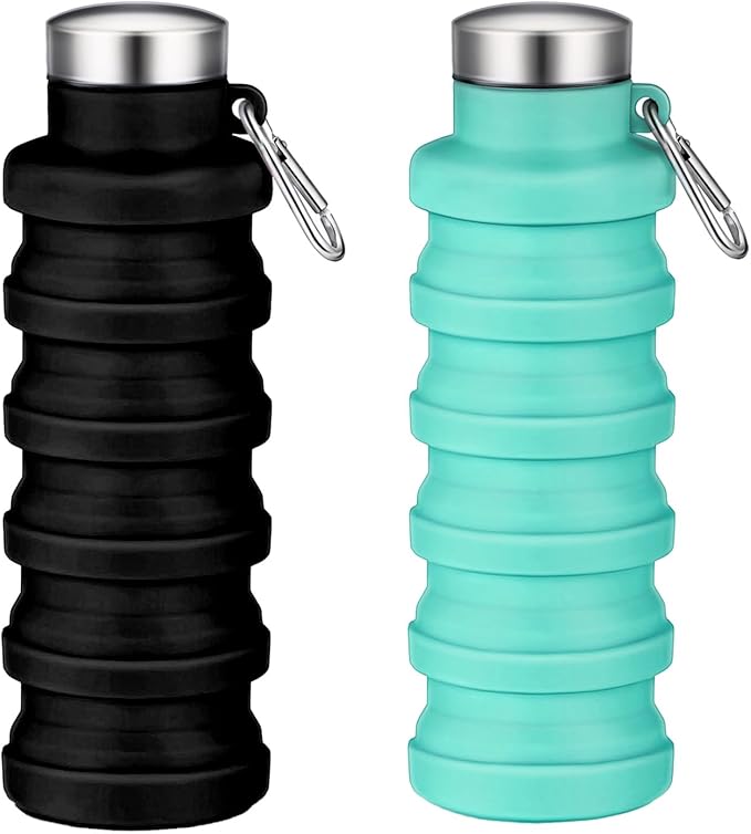 Collapsible Water Bottles,16oz Capacity Portable Reusable Silicone Water Bottle,Leak-proof,with buckle,foldable storage,Lightweight Durable for Fitness,Cycling,Sports,Camping,Hiking (Black+Green)