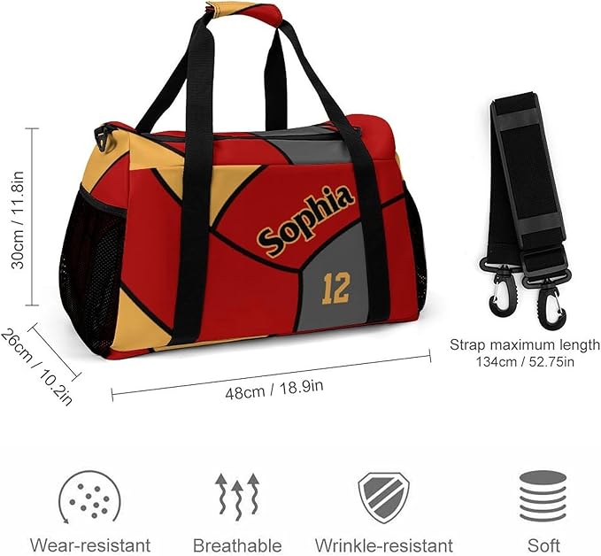 Custom Volleyball Gold Red Duffel Bag with Name Personalized Travel Bags Sport Gym Bag Carry On Weekender Bags for Men Women
